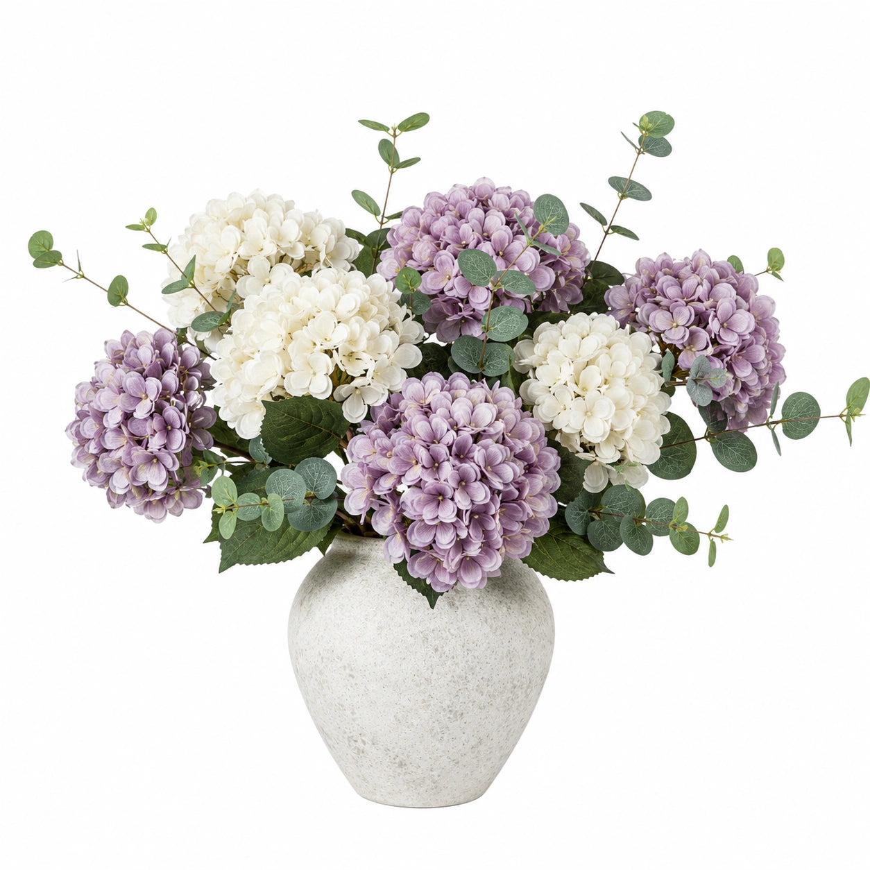Bouquet d'hortensias artificiels violet et blanc avec vase