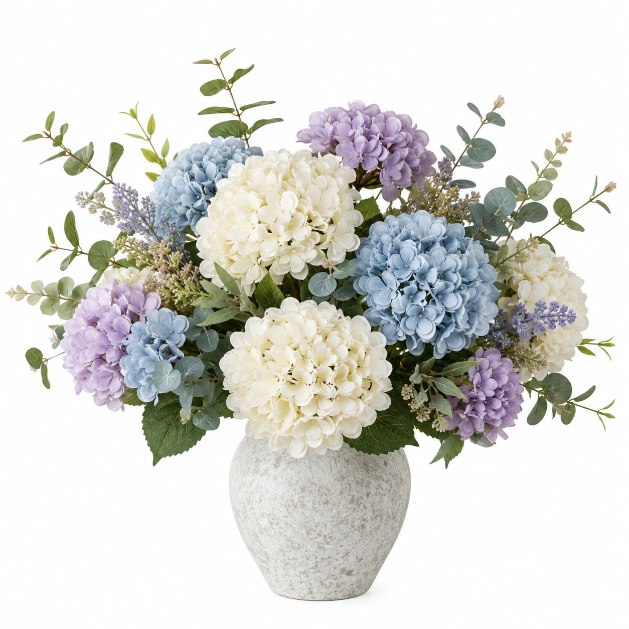 Arrangement Floral Artificiel d'Hortensias en Blanc, Bleu et Violet