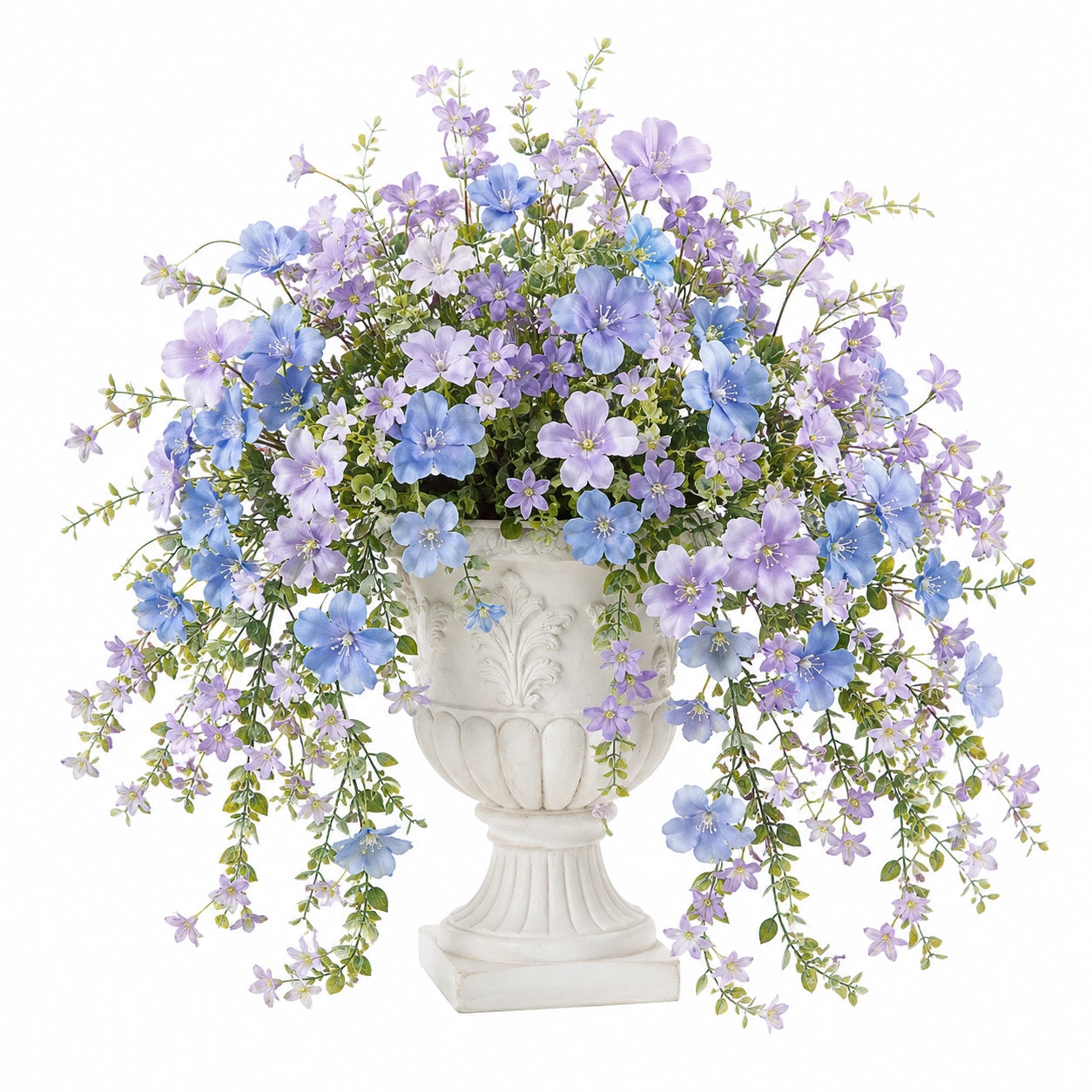 Arrangement floral en soie violet et bleu avec pot décoratif