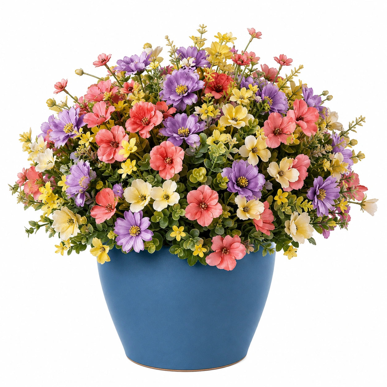 Arrangement floral artificiel multicolore en pot bleu