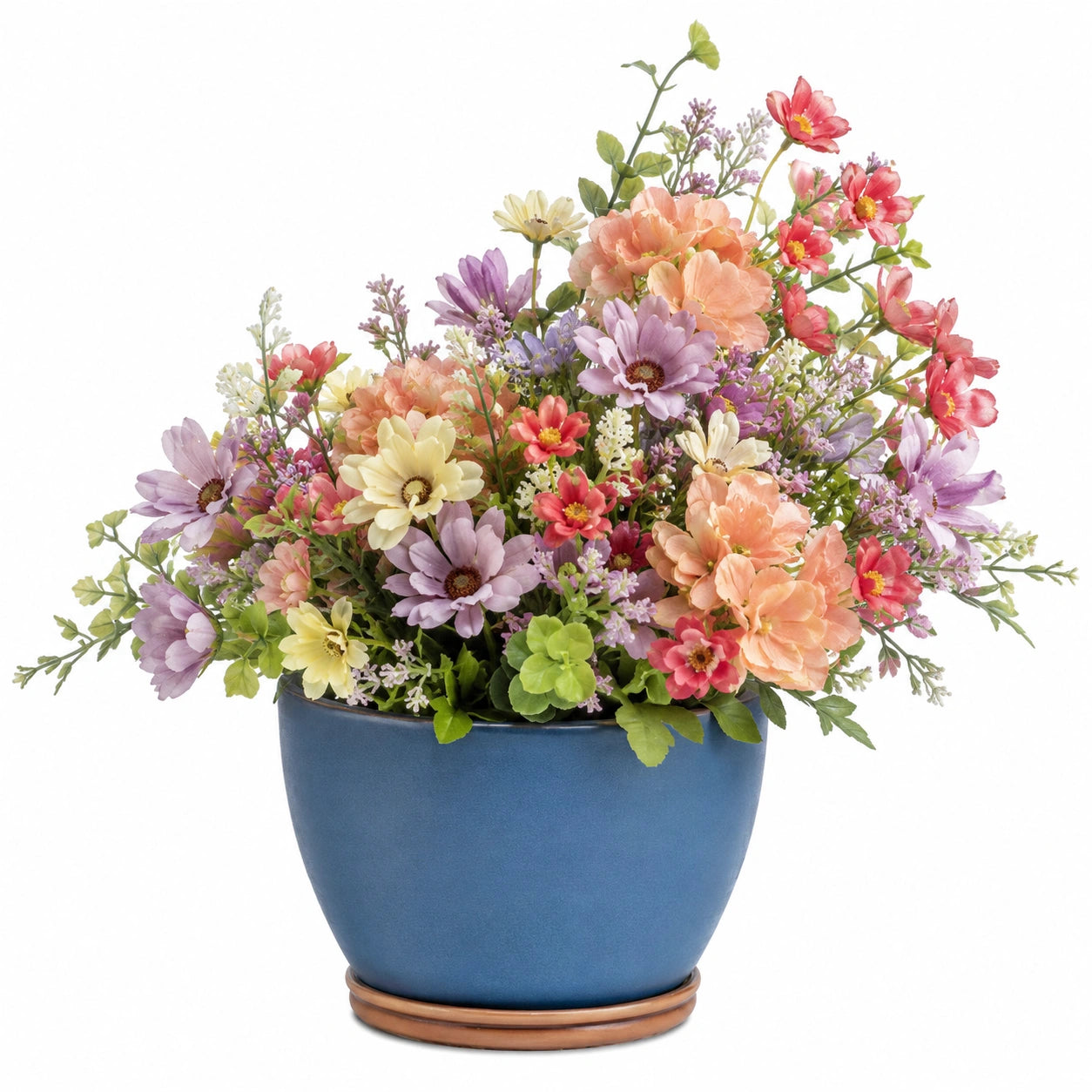 Composition florale artificielle multicolore avec pot bleu
