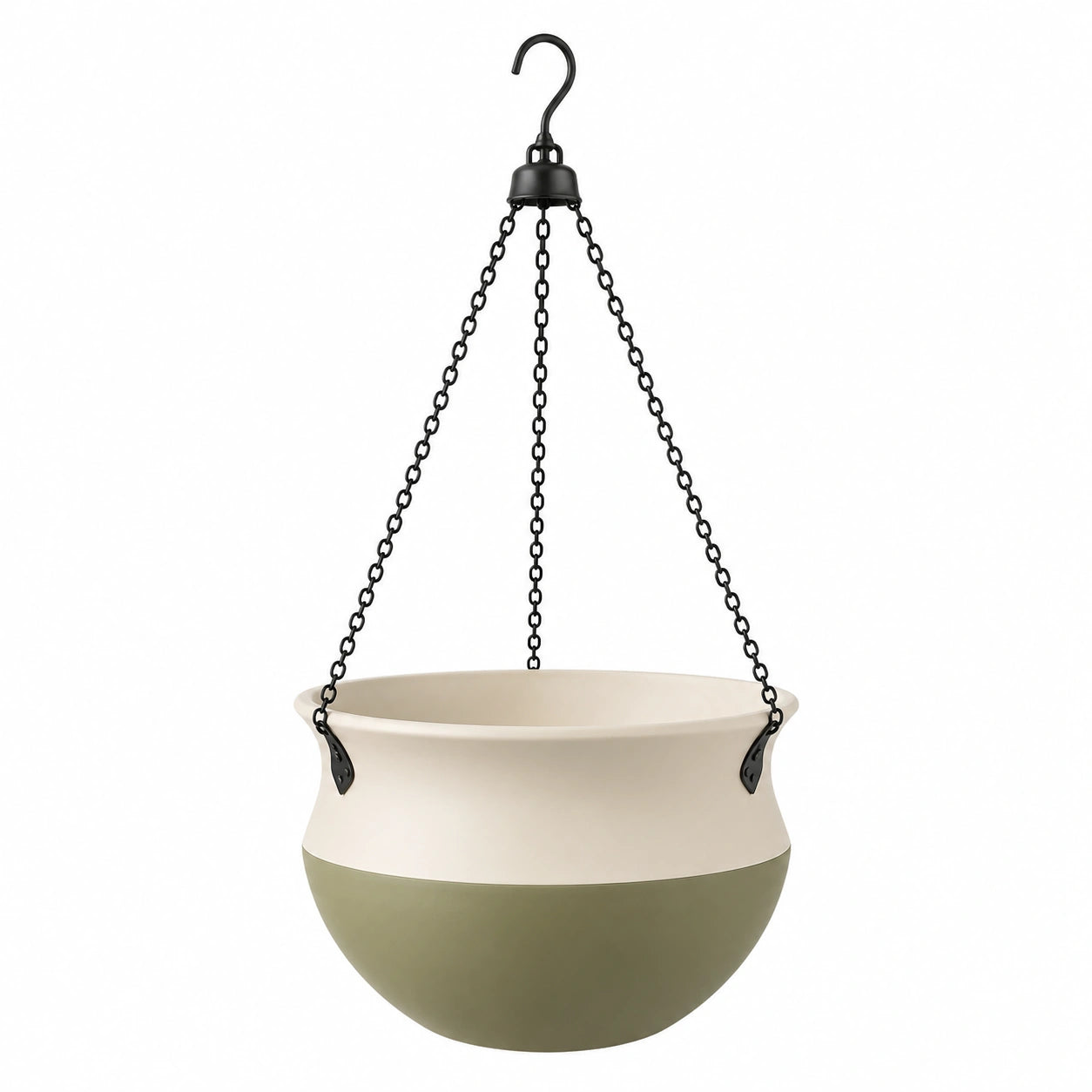 Pot de fleurs suspendu beige et vert avec chaîne métallique