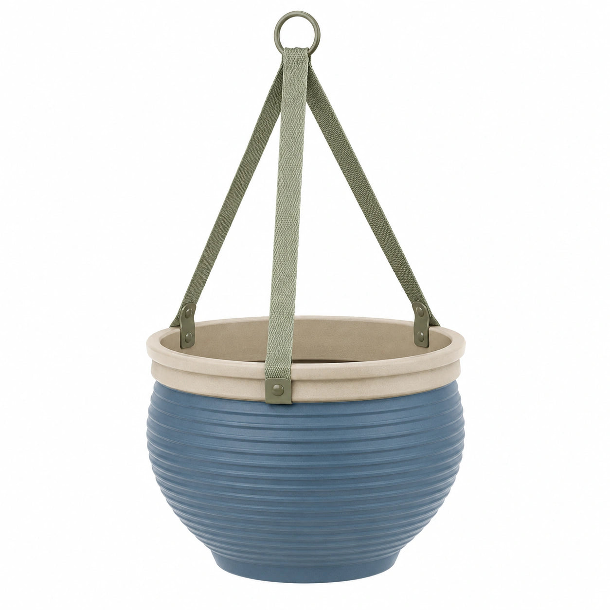 Pot de fleurs suspendu rond bleu et beige avec sangles robustes
