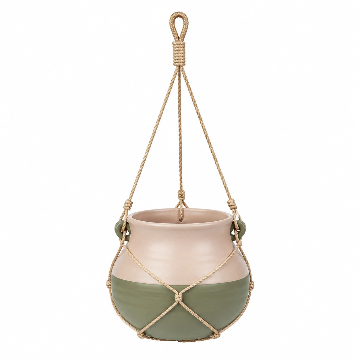 Pot de Fleurs Suspendu en Céramique Vert et Beige avec Corde Tressée