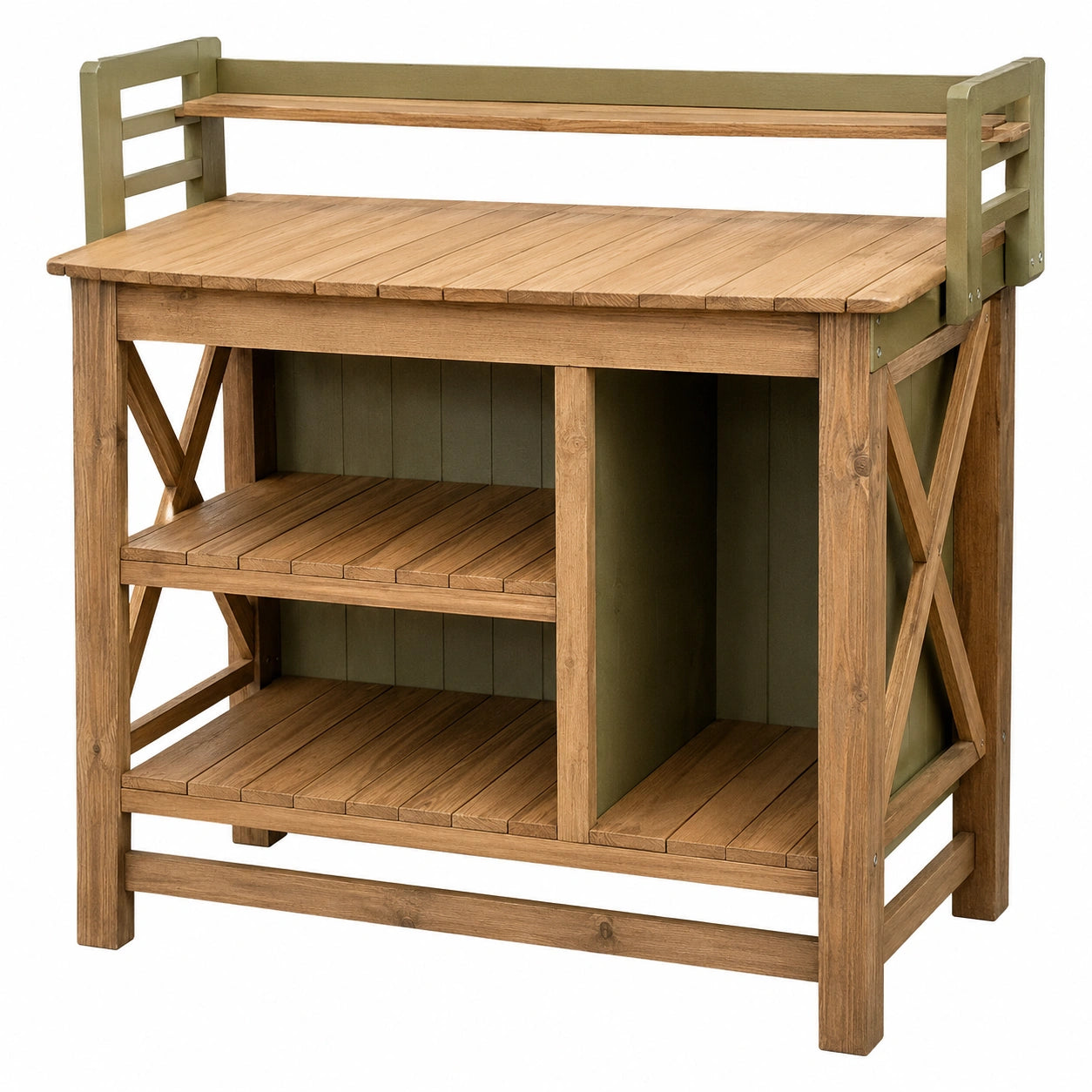 Table de Travail de Jardin en Bois avec Étagères Ouvertes - Bois Naturel/Vert Olive