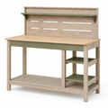 Table de jardinage beige et verte avec étagères de rangement