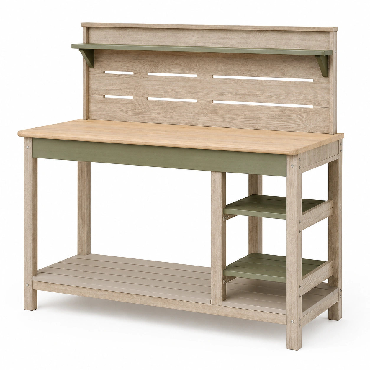 Table de jardinage beige et verte avec étagères de rangement