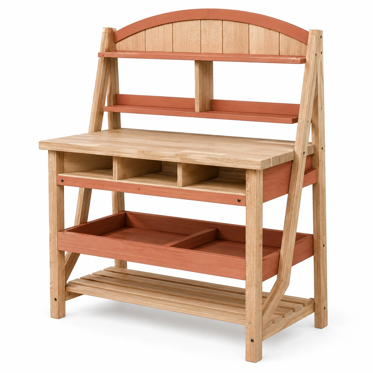 Table de Jardinage en Bois avec Étagères et Tiroirs - Bois Naturel et Orange