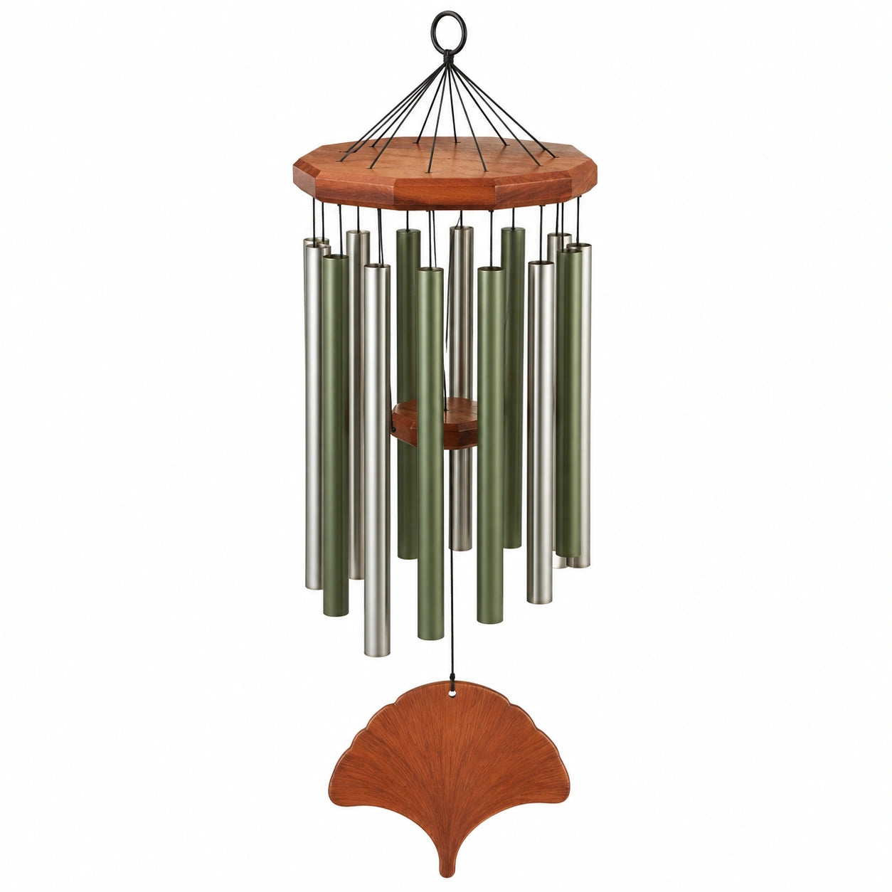 Carillon éolien en métal et bois, vert et argenté, 100 cm
