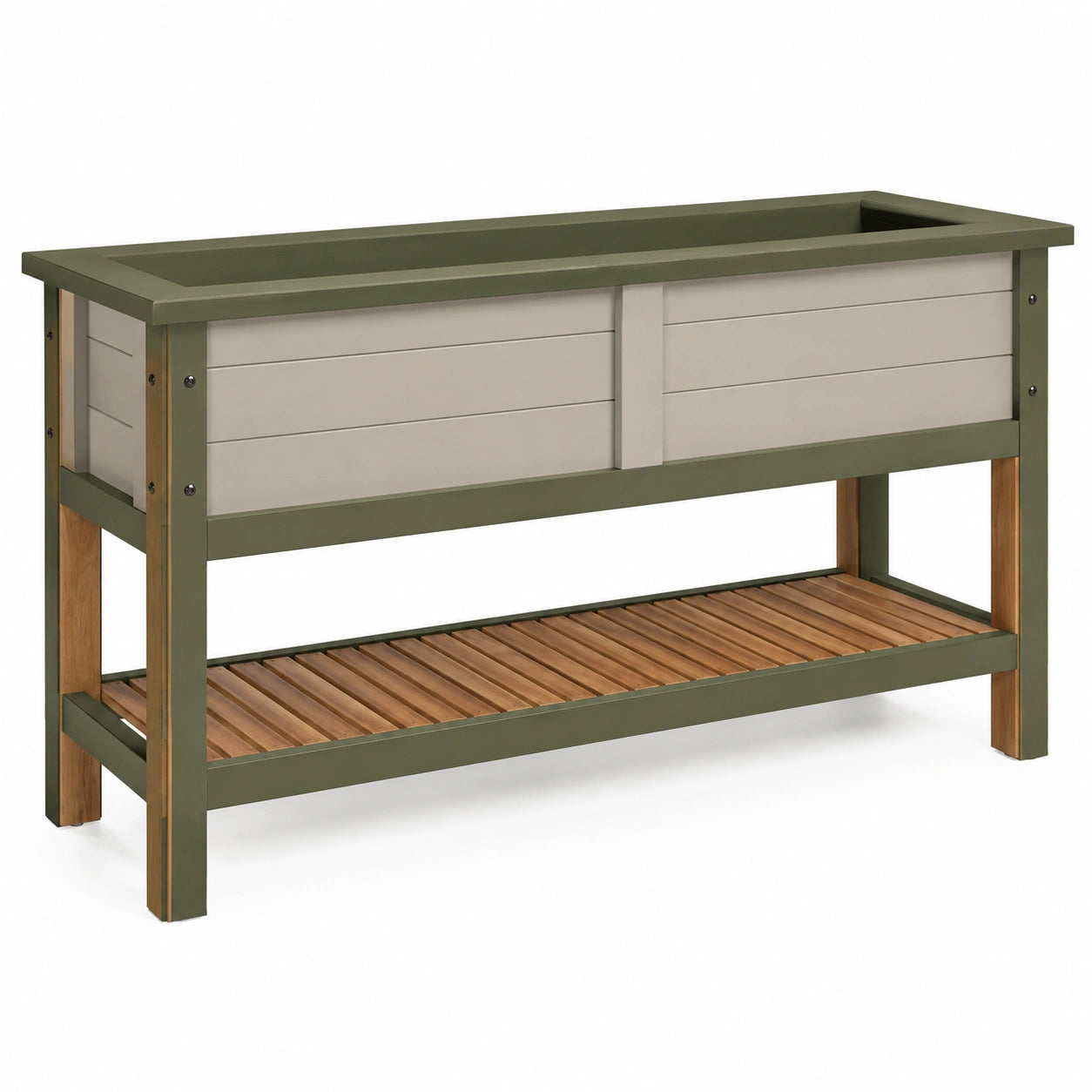 Jardinière surélevée en bois avec étagère inférieure - Beige/Vert